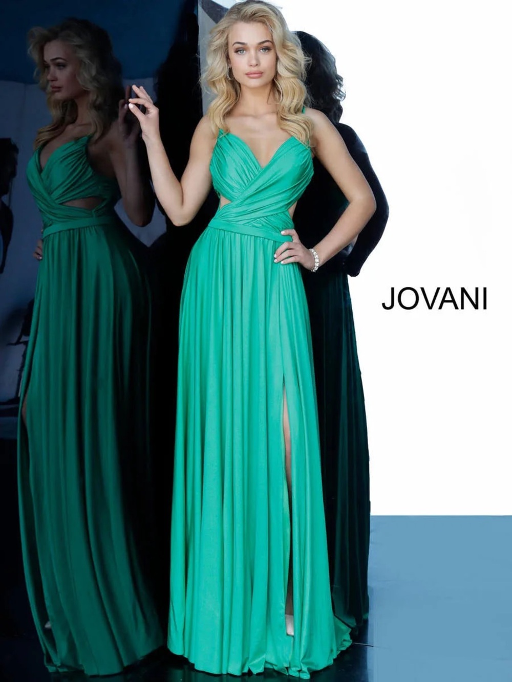 Jovani Teal Green V-Neck Cutout Evening Gown